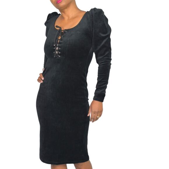 La Femme en Noir Sleepy Hollow Dress Black Wiggle Velour Bodycon Puff Sleeve XS - Picture 15 of 15